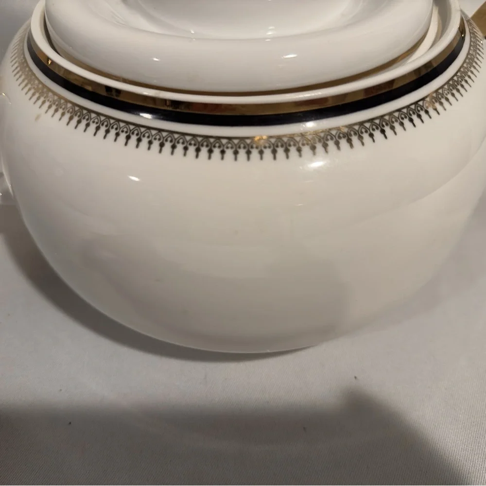 Chodziez Poland Porcelain Soup Tureen and Ladle Black Gold Band Filligree